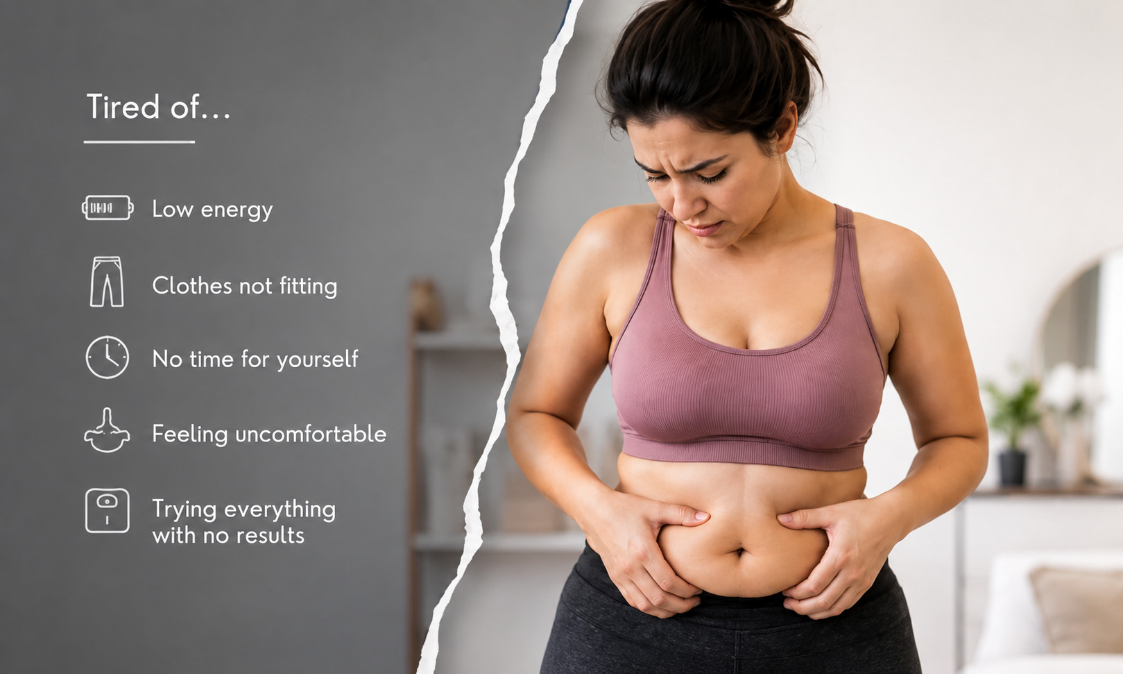 A patient standing in a bright room looking down at their midsection
