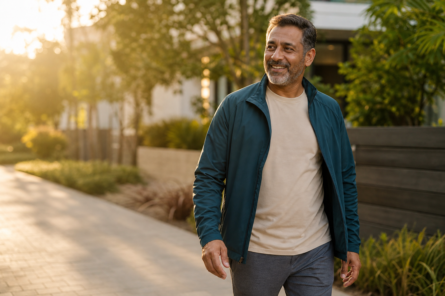 A man walking outdoors on a tree-lined path in the morning
