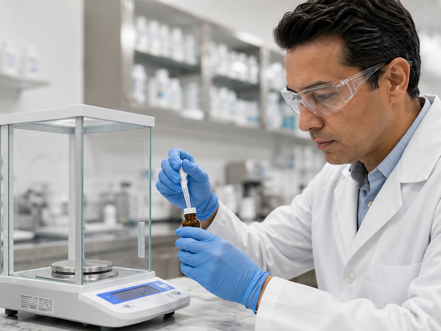 A pharmacy technician in a lab coat measuring a compounded preparation on a precision balance