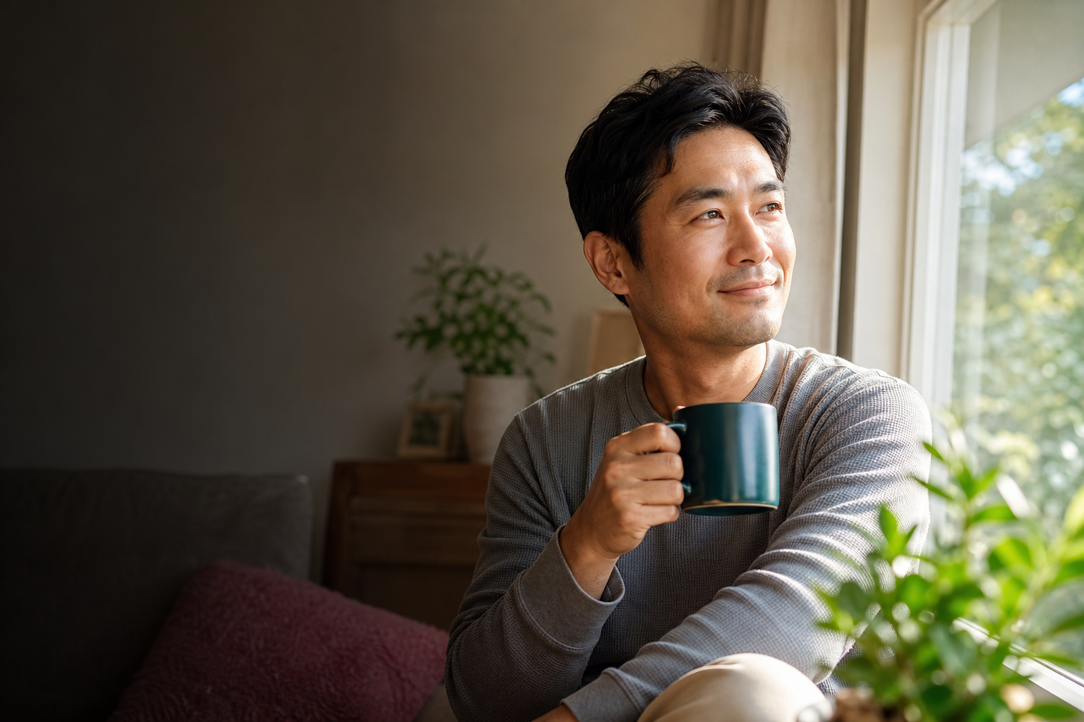 A man holding a mug beside a bright window at home