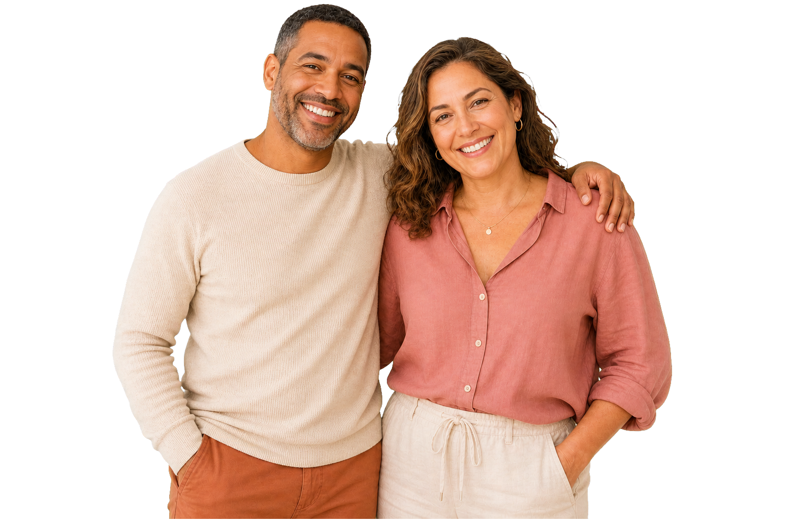 A man and a woman smiling together in soft natural light